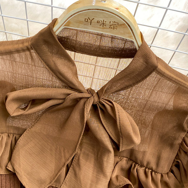 Sexy Trendy Women Lace Bow Stitching Knitted Pleated Puff Cuff Pullover Neck Bow Tie Lantern Sleeve Top