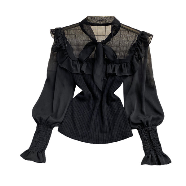 Sexy Trendy Women Lace Bow Stitching Knitted Pleated Puff Cuff Pullover Neck Bow Tie Lantern Sleeve Top