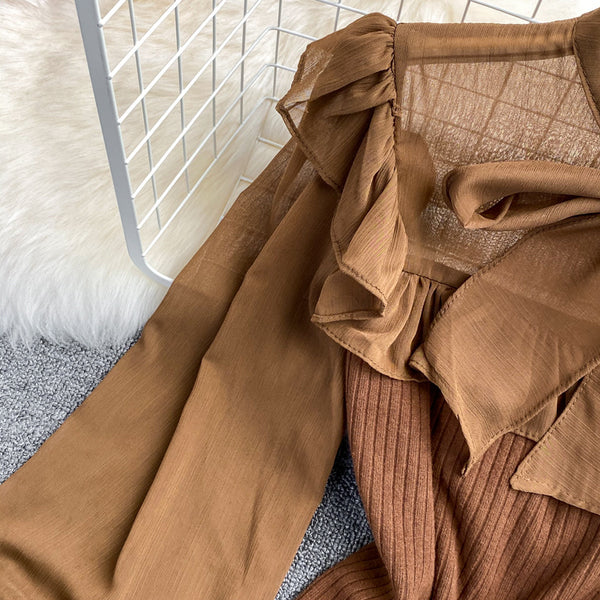 Sexy Trendy Women Lace Bow Stitching Knitted Pleated Puff Cuff Pullover Neck Bow Tie Lantern Sleeve Top