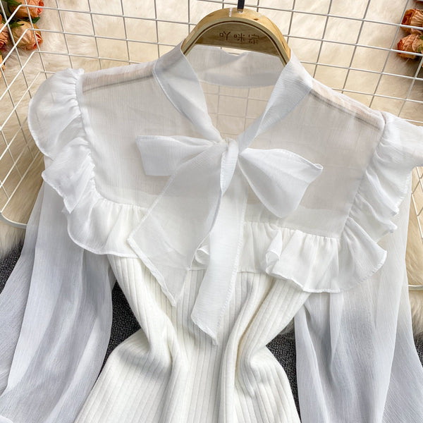 Sexy Trendy Women Lace Bow Stitching Knitted Pleated Puff Cuff Pullover Neck Bow Tie Lantern Sleeve Top