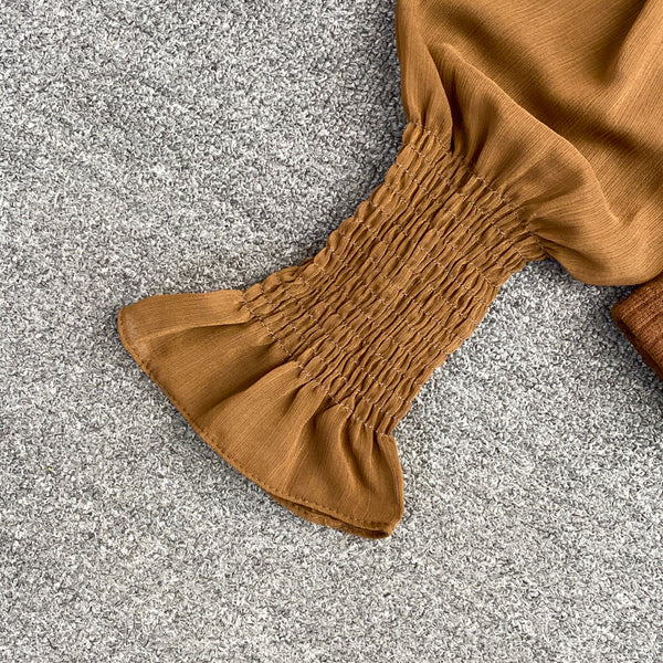 Sexy Trendy Women Lace Bow Stitching Knitted Pleated Puff Cuff Pullover Neck Bow Tie Lantern Sleeve Top