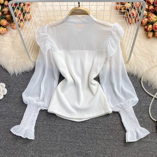 Sexy Trendy Women Lace Bow Stitching Knitted Pleated Puff Cuff Pullover Neck Bow Tie Lantern Sleeve Top