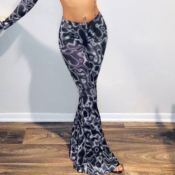 Casual Trendy Women Gothic Black Printing High Waist Gauze See Through Flared Trousers Wide Leg Pants