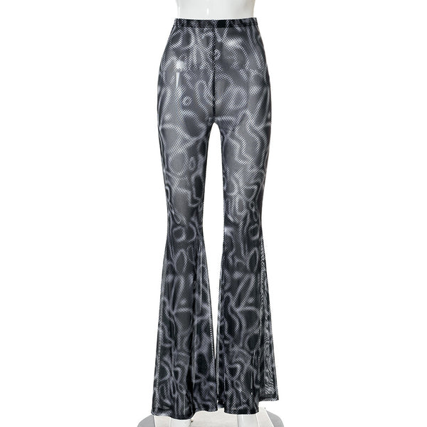 Casual Trendy Women Gothic Black Printing High Waist Gauze See Through Flared Trousers Wide Leg Pants