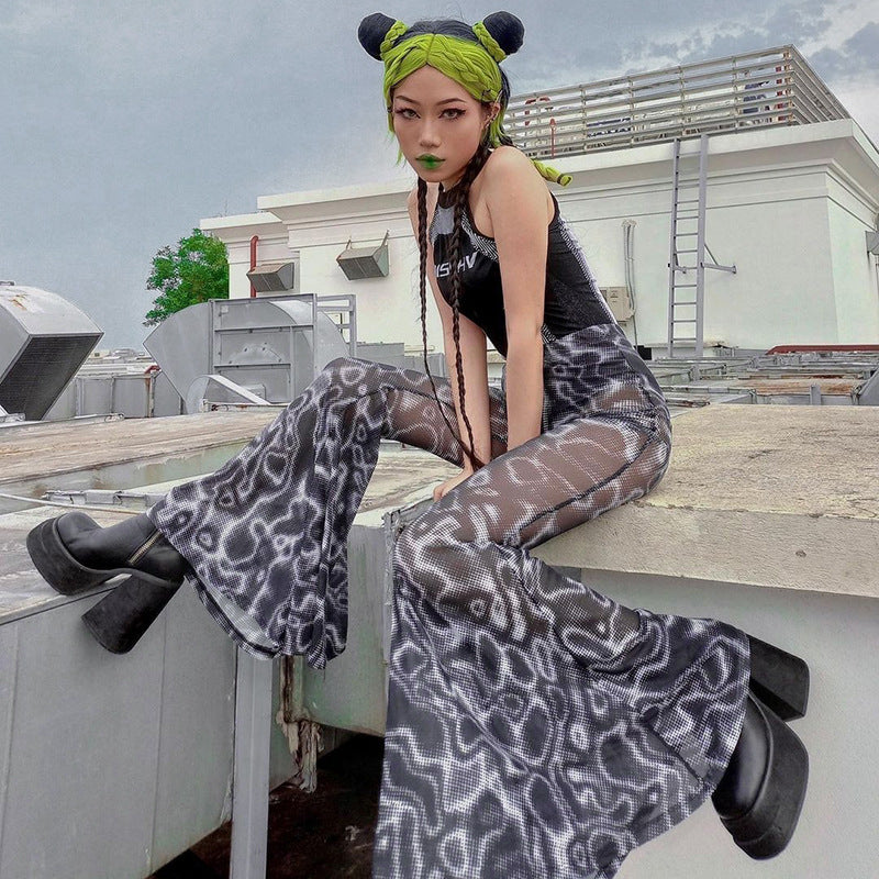 Casual Trendy Women Gothic Black Printing High Waist Gauze See Through Flared Trousers Wide Leg Pants