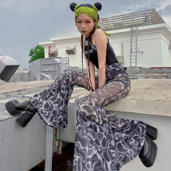 Casual Trendy Women Gothic Black Printing High Waist Gauze See Through Flared Trousers Wide Leg Pants