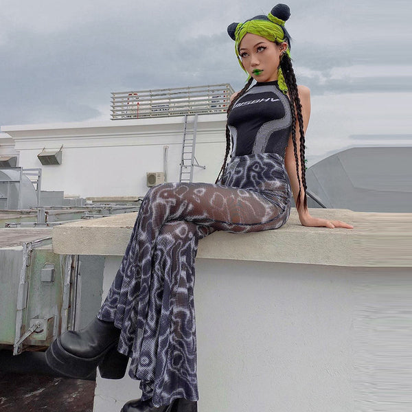 Casual Trendy Women Gothic Black Printing High Waist Gauze See Through Flared Trousers Wide Leg Pants