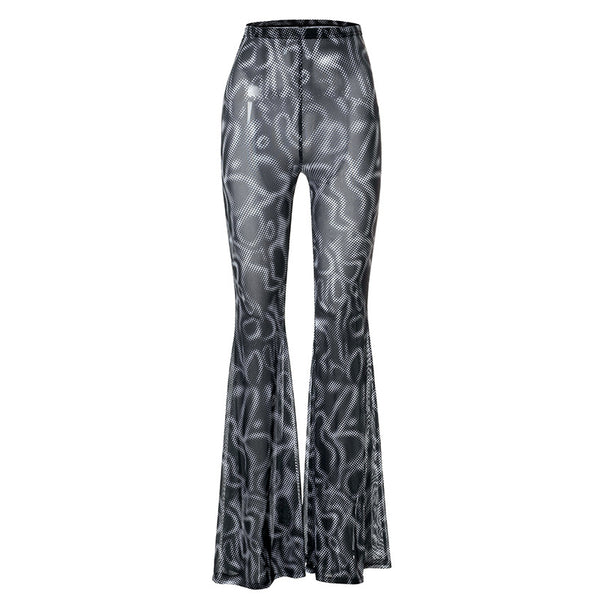 Casual Trendy Women Gothic Black Printing High Waist Gauze See Through Flared Trousers Wide Leg Pants