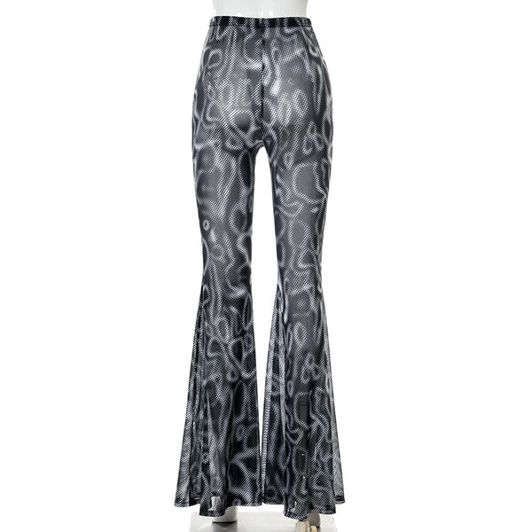 Casual Trendy Women Gothic Black Printing High Waist Gauze See Through Flared Trousers Wide Leg Pants