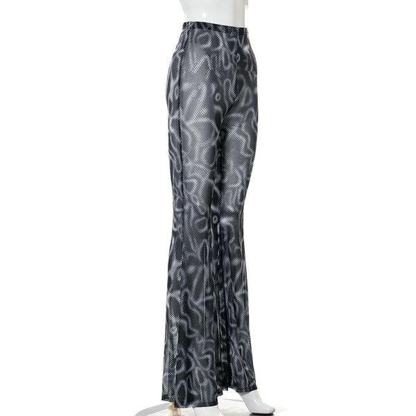 Casual Trendy Women Gothic Black Printing High Waist Gauze See Through Flared Trousers Wide Leg Pants