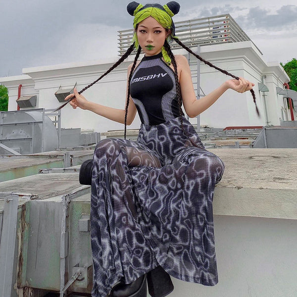 Casual Trendy Women Gothic Black Printing High Waist Gauze See Through Flared Trousers Wide Leg Pants