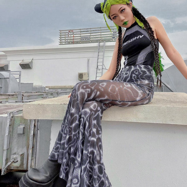 Casual Trendy Women Gothic Black Printing High Waist Gauze See Through Flared Trousers Wide Leg Pants