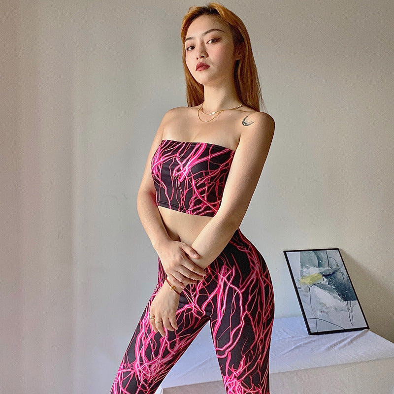 Temperament Women Lightning Pattern Printing Tie Dye Tube Flared Top Wide Leg Pants Two pieces Set Suit