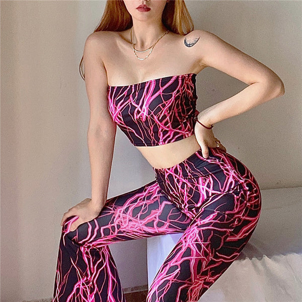 Temperament Women Lightning Pattern Printing Tie Dye Tube Flared Top Wide Leg Pants Two pieces Set Suit