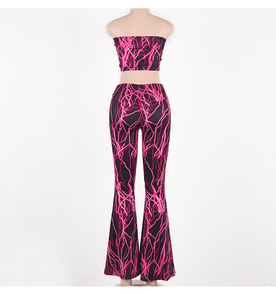 Temperament Women Lightning Pattern Printing Tie Dye Tube Flared Top Wide Leg Pants Two pieces Set Suit