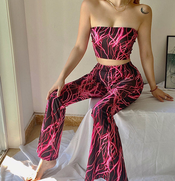 Temperament Women Lightning Pattern Printing Tie Dye Tube Flared Top Wide Leg Pants Two pieces Set Suit
