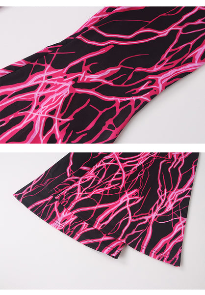 Temperament Women Lightning Pattern Printing Tie Dye Tube Flared Top Wide Leg Pants Two pieces Set Suit