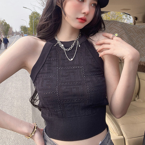 Retro Temperament Summer Women Solid Color Halter Neck Knitted Hollow Sleeveless Texture Vest Top