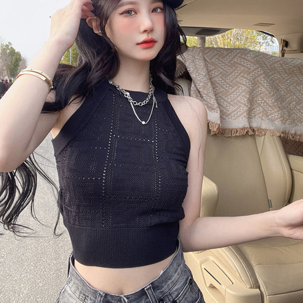 Retro Temperament Summer Women Solid Color Halter Neck Knitted Hollow Sleeveless Texture Vest Top