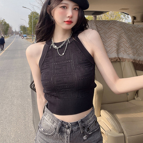 Retro Temperament Summer Women Solid Color Halter Neck Knitted Hollow Sleeveless Texture Vest Top