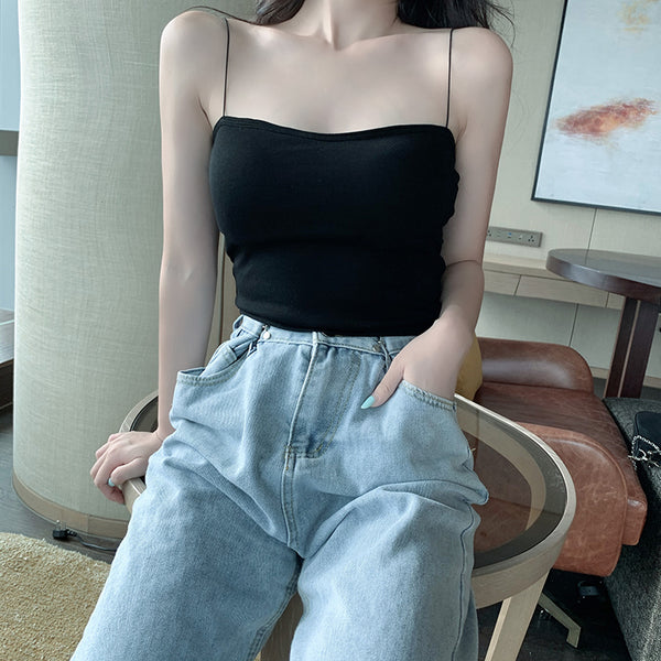 Beautiful Simple Design Sexy Women Spaghetti Strap Sling Tanktop Outer Wear One Piece Camisole Tube Top