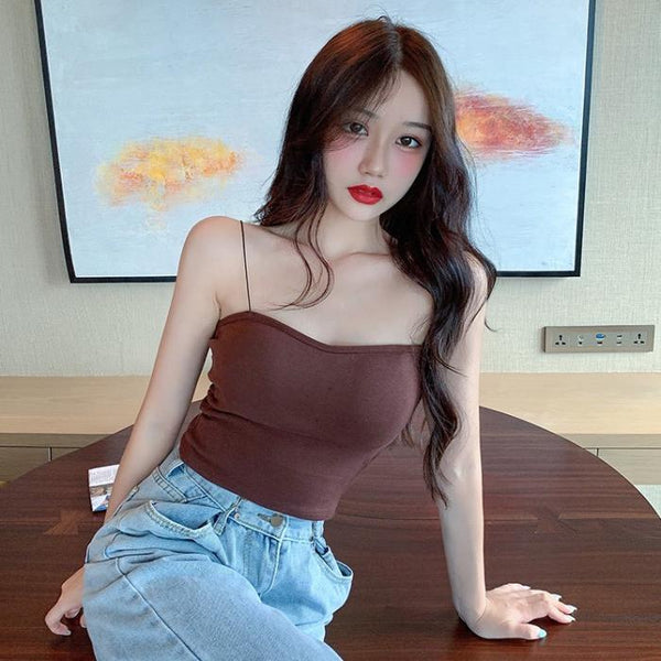 Beautiful Simple Design Sexy Women Spaghetti Strap Sling Tanktop Outer Wear One Piece Camisole Tube Top