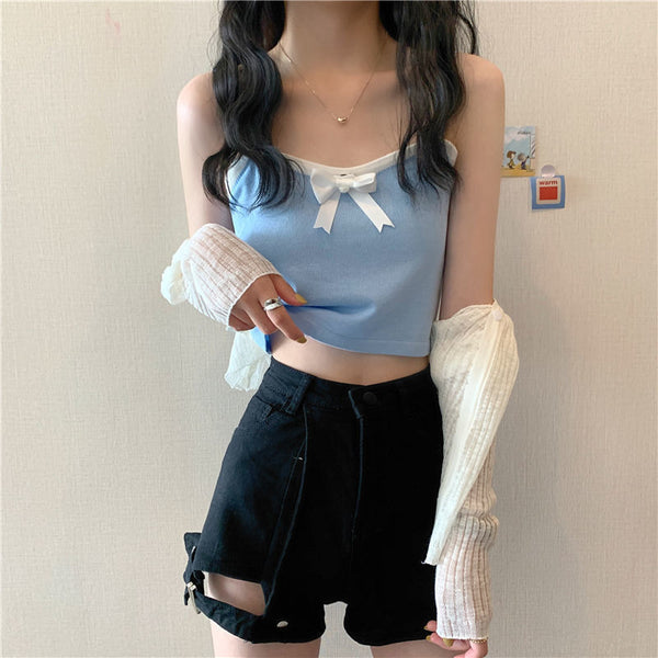 Chic Women Lovely Spaghetti Strap Sling Square Neck Bow Tanktop Outer Wear Camisole Tube Top