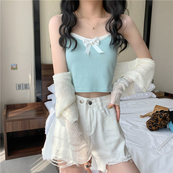 Chic Women Lovely Spaghetti Strap Sling Square Neck Bow Tanktop Outer Wear Camisole Tube Top