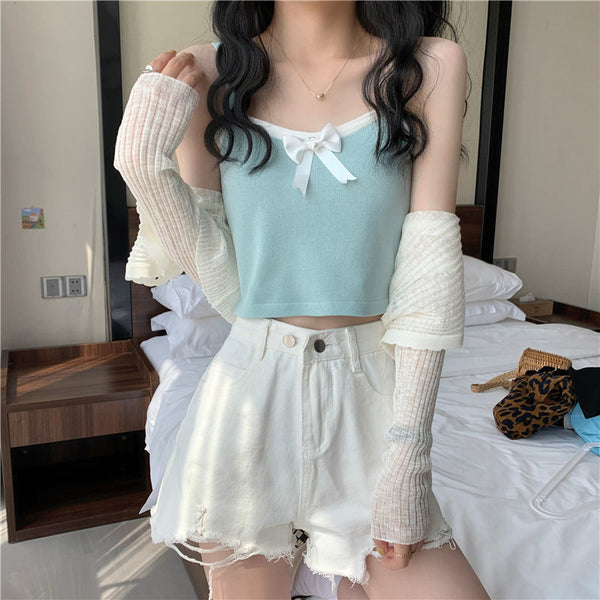 Chic Women Lovely Spaghetti Strap Sling Square Neck Bow Tanktop Outer Wear Camisole Tube Top