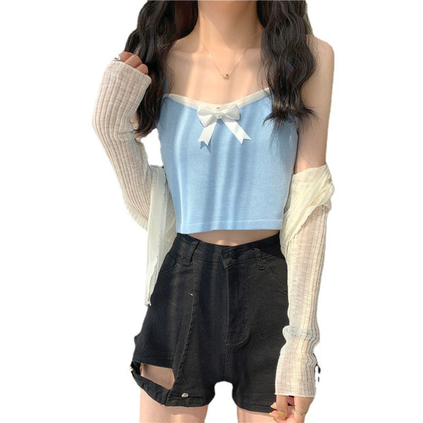 Chic Women Lovely Spaghetti Strap Sling Square Neck Bow Tanktop Outer Wear Camisole Tube Top
