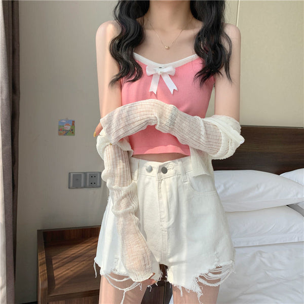 Chic Women Lovely Spaghetti Strap Sling Square Neck Bow Tanktop Outer Wear Camisole Tube Top