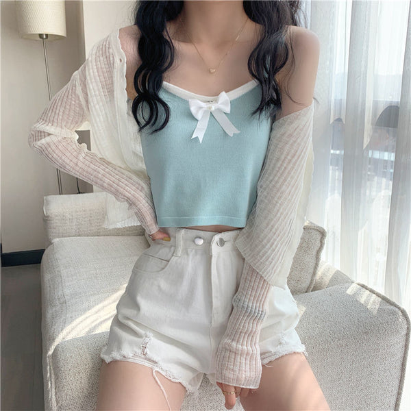 Chic Women Lovely Spaghetti Strap Sling Square Neck Bow Tanktop Outer Wear Camisole Tube Top