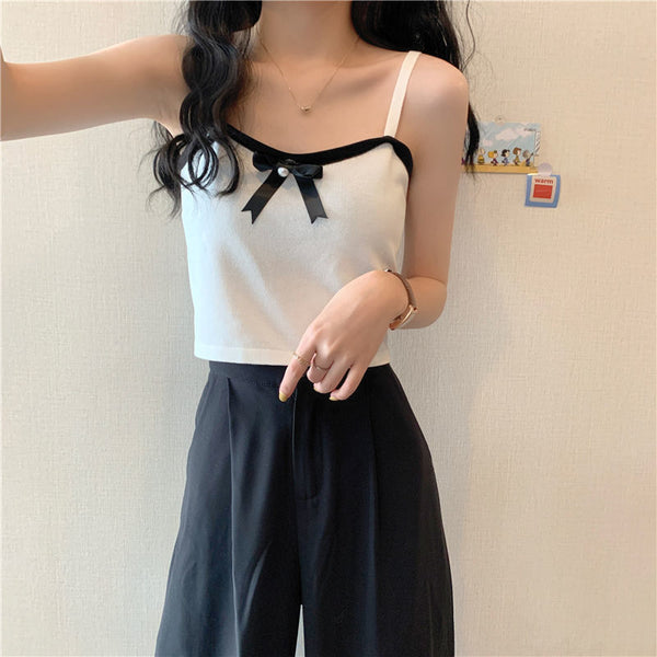 Chic Women Lovely Spaghetti Strap Sling Square Neck Bow Tanktop Outer Wear Camisole Tube Top