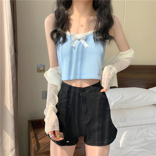 Chic Women Lovely Spaghetti Strap Sling Square Neck Bow Tanktop Outer Wear Camisole Tube Top