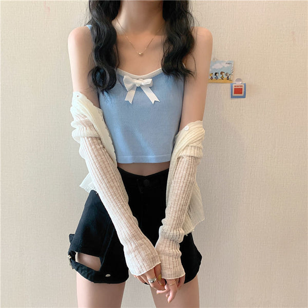 Chic Women Lovely Spaghetti Strap Sling Square Neck Bow Tanktop Outer Wear Camisole Tube Top