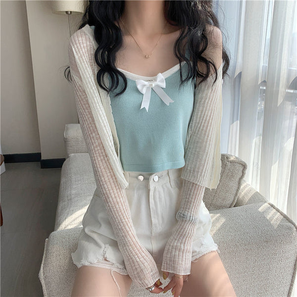 Chic Women Lovely Spaghetti Strap Sling Square Neck Bow Tanktop Outer Wear Camisole Tube Top