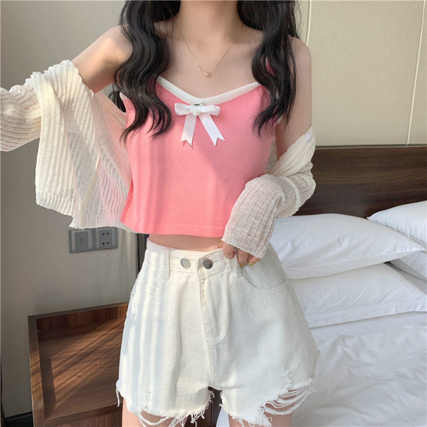 Chic Women Lovely Spaghetti Strap Sling Square Neck Bow Tanktop Outer Wear Camisole Tube Top
