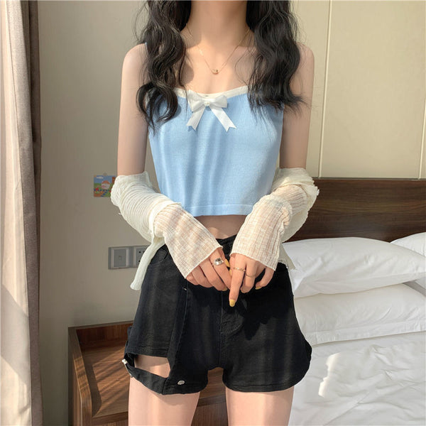 Chic Women Lovely Spaghetti Strap Sling Square Neck Bow Tanktop Outer Wear Camisole Tube Top