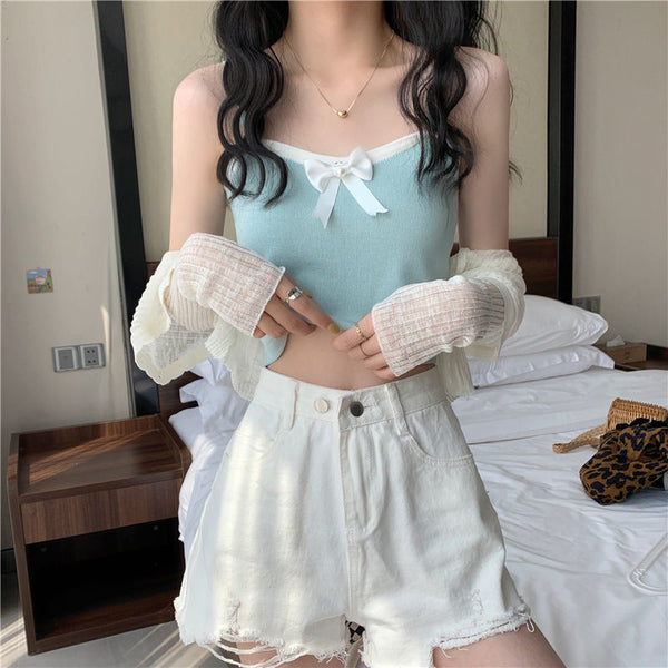 Chic Women Lovely Spaghetti Strap Sling Square Neck Bow Tanktop Outer Wear Camisole Tube Top