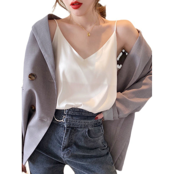 Temperament Women Camisole Silk Vest Sexy Sleeveless V Neck Design Suit Casual Halter Tops Top