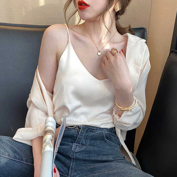 Temperament Women Camisole Silk Vest Sexy Sleeveless V Neck Design Suit Casual Halter Tops Top