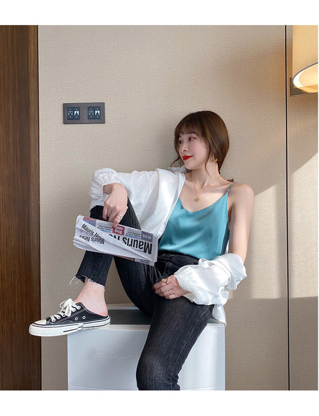 Temperament Women Camisole Silk Vest Sexy Sleeveless V Neck Design Suit Casual Halter Tops Top