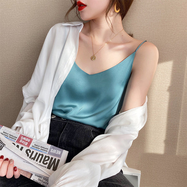 Temperament Women Camisole Silk Vest Sexy Sleeveless V Neck Design Suit Casual Halter Tops Top