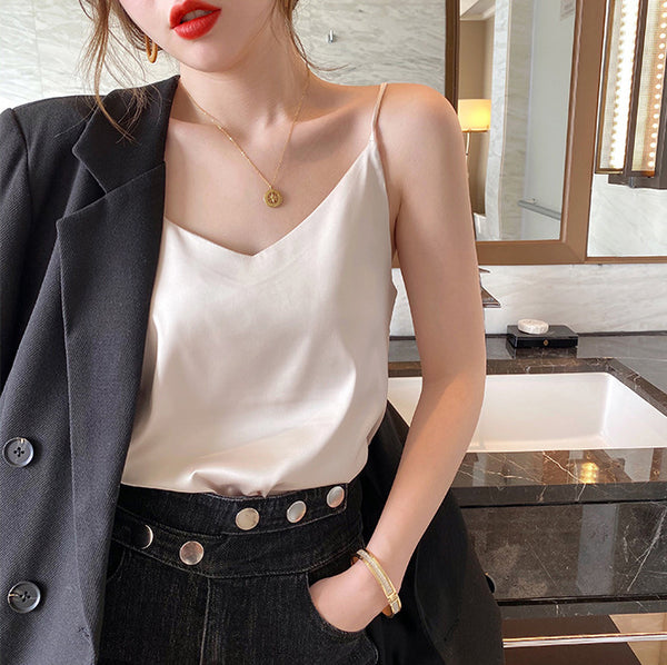 Temperament Women Camisole Silk Vest Sexy Sleeveless V Neck Design Suit Casual Halter Tops Top