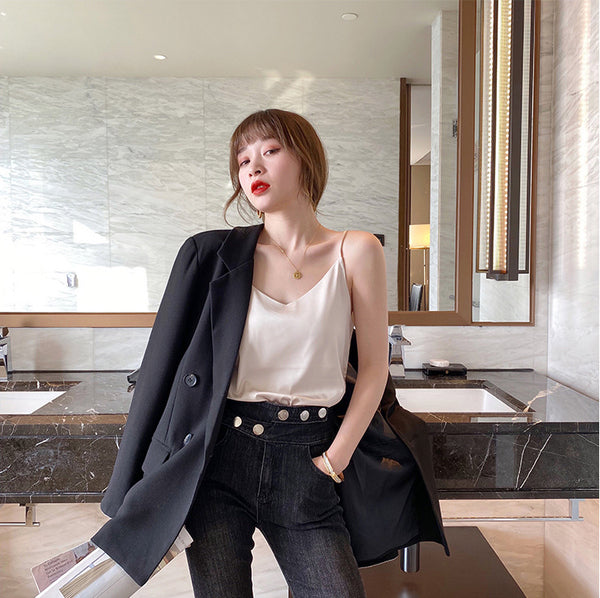 Temperament Women Camisole Silk Vest Sexy Sleeveless V Neck Design Suit Casual Halter Tops Top