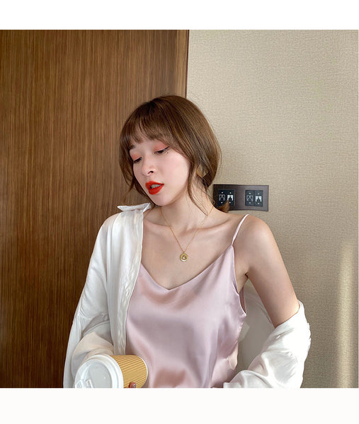 Temperament Women Camisole Silk Vest Sexy Sleeveless V Neck Design Suit Casual Halter Tops Top