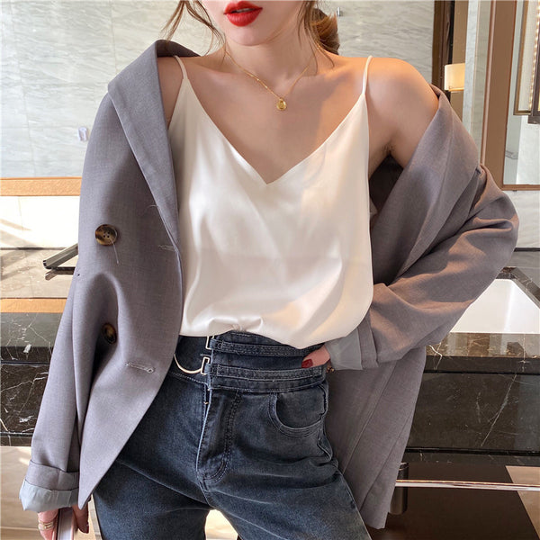 Temperament Women Camisole Silk Vest Sexy Sleeveless V Neck Design Suit Casual Halter Tops Top