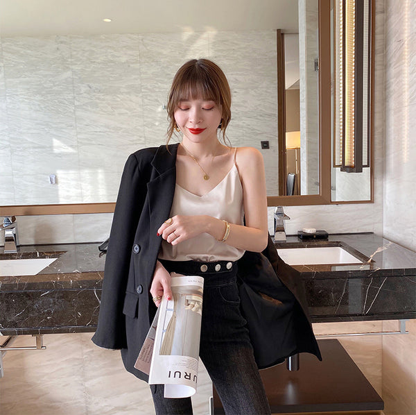 Temperament Women Camisole Silk Vest Sexy Sleeveless V Neck Design Suit Casual Halter Tops Top