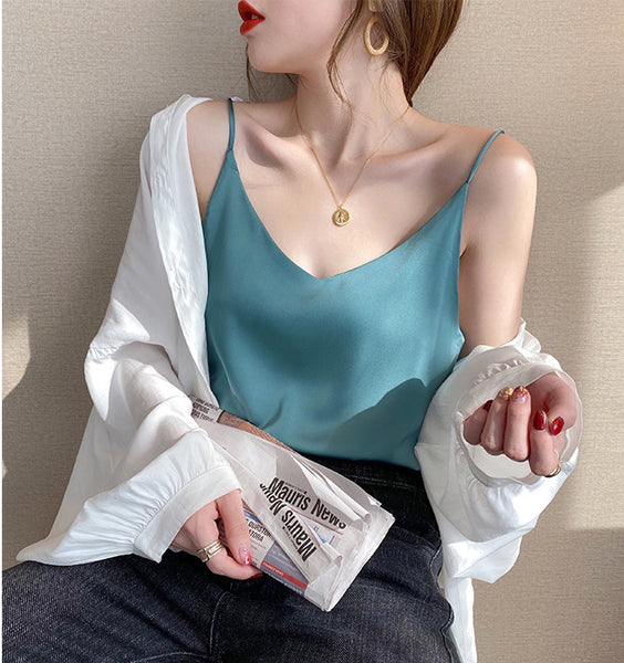 Temperament Women Camisole Silk Vest Sexy Sleeveless V Neck Design Suit Casual Halter Tops Top