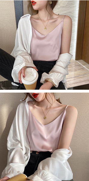 Temperament Women Camisole Silk Vest Sexy Sleeveless V Neck Design Suit Casual Halter Tops Top